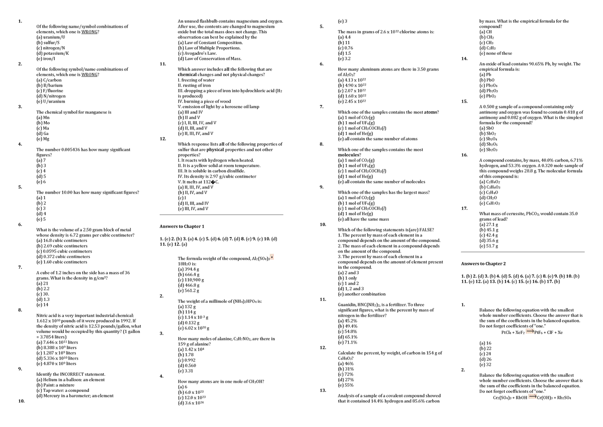 GChem Cours Hero - Summary Of Gen Chem Questions - 1. Of The Following ...