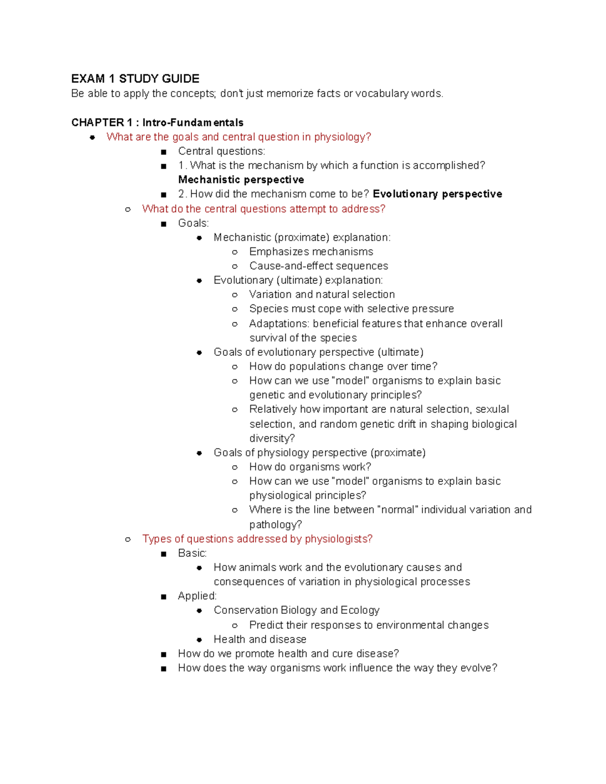 E1 Comparative Study Guide - EXAM 1 STUDY GUIDE Be able to apply the ...