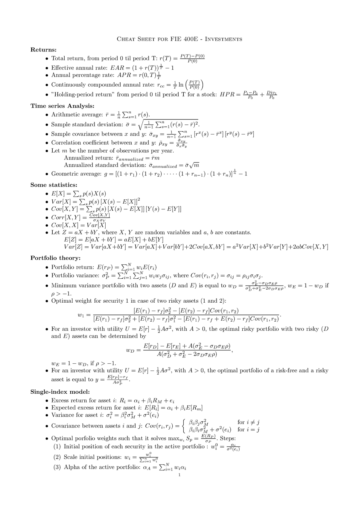 cheat sheet for exam Cheat Sheet for FIE 400E Investments Returns