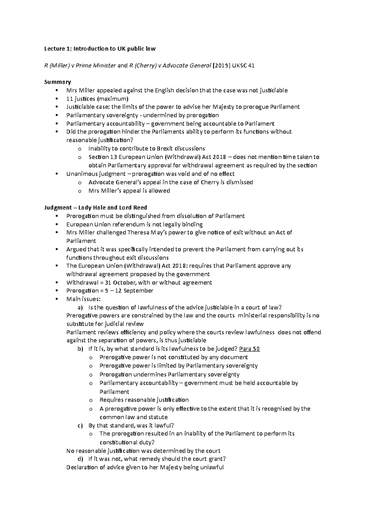 Public law notes - Lecture 1: Introduction to UK public law R (Miller ...