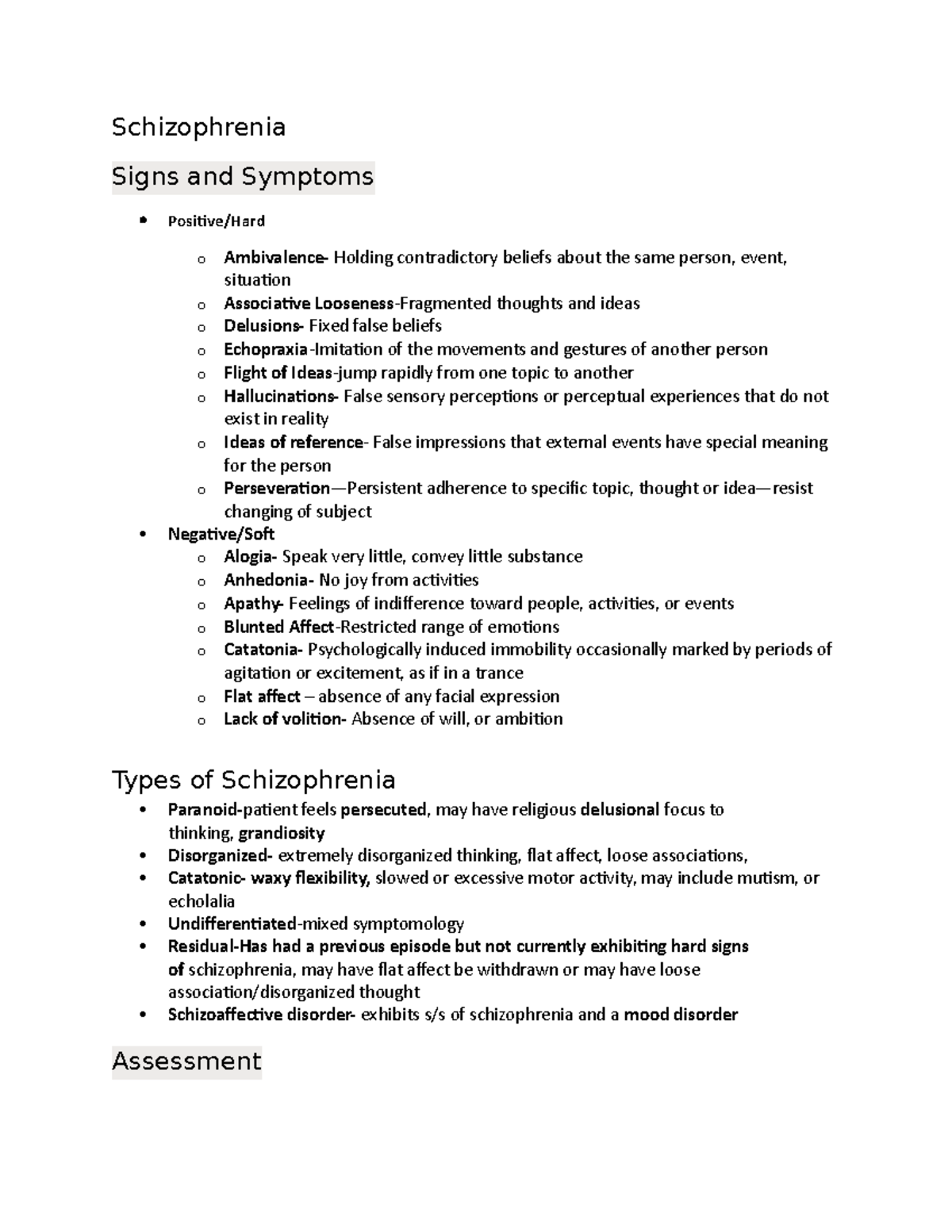 Schizophrenia Signs and Symptoms - Studocu