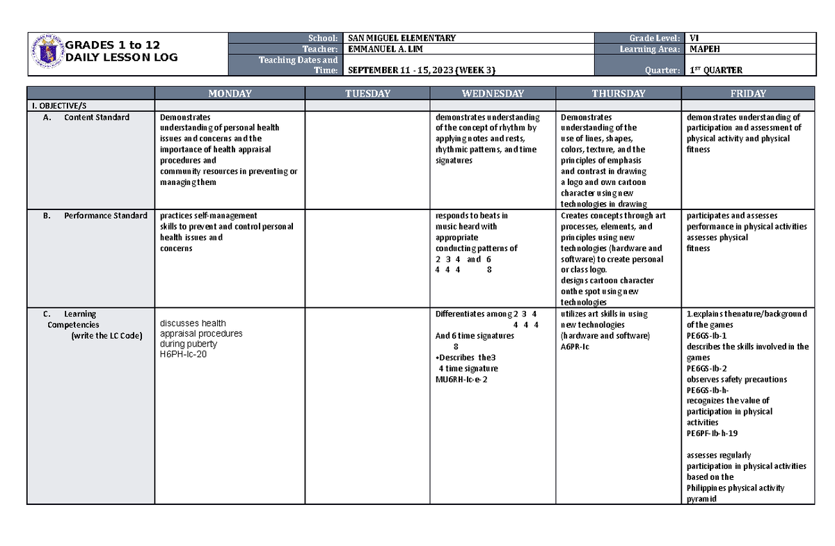 DLL Mapeh 6 Q1 W3 - Lesson Plan - GRADES 1 to 12 DAILY LESSON LOG ...