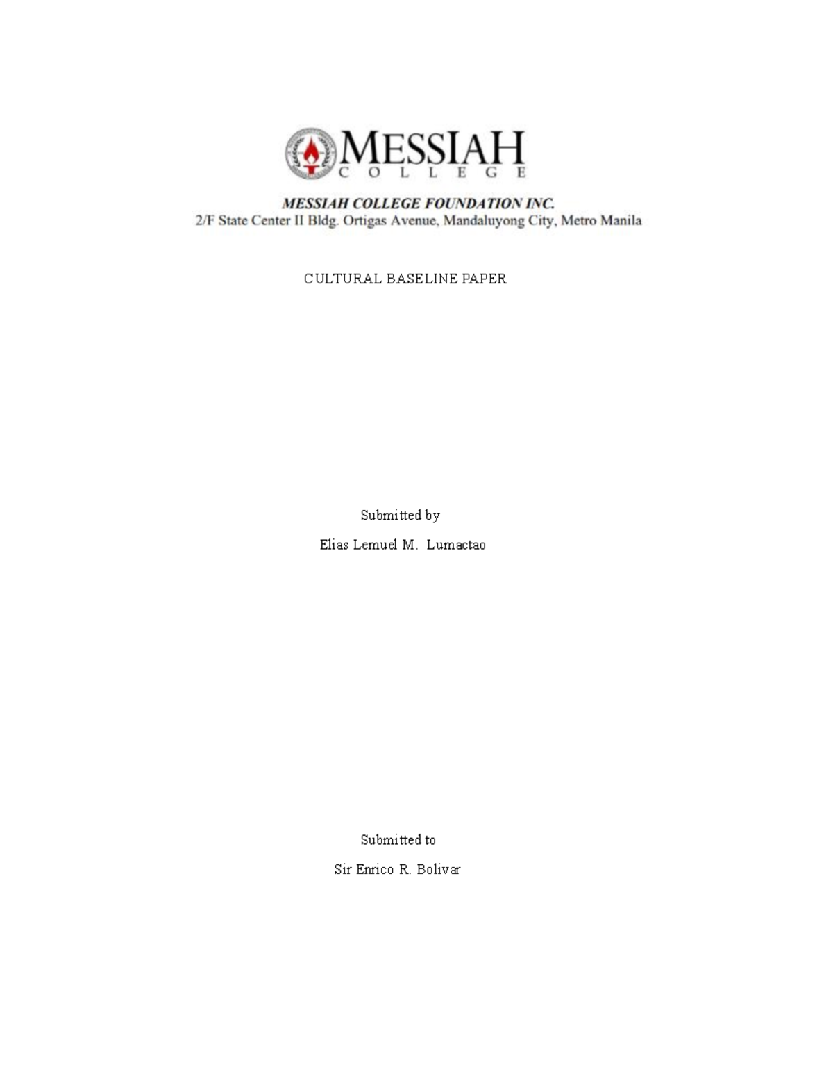 Cultural Baseline Paper - CULTURAL BASELINE PAPER Submitted by Elias ...