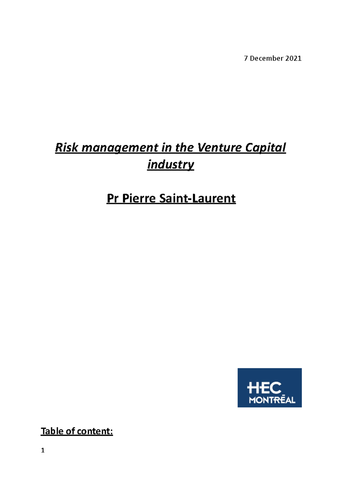Risk Management session work: venture capital - 7 December 2021 Risk ...