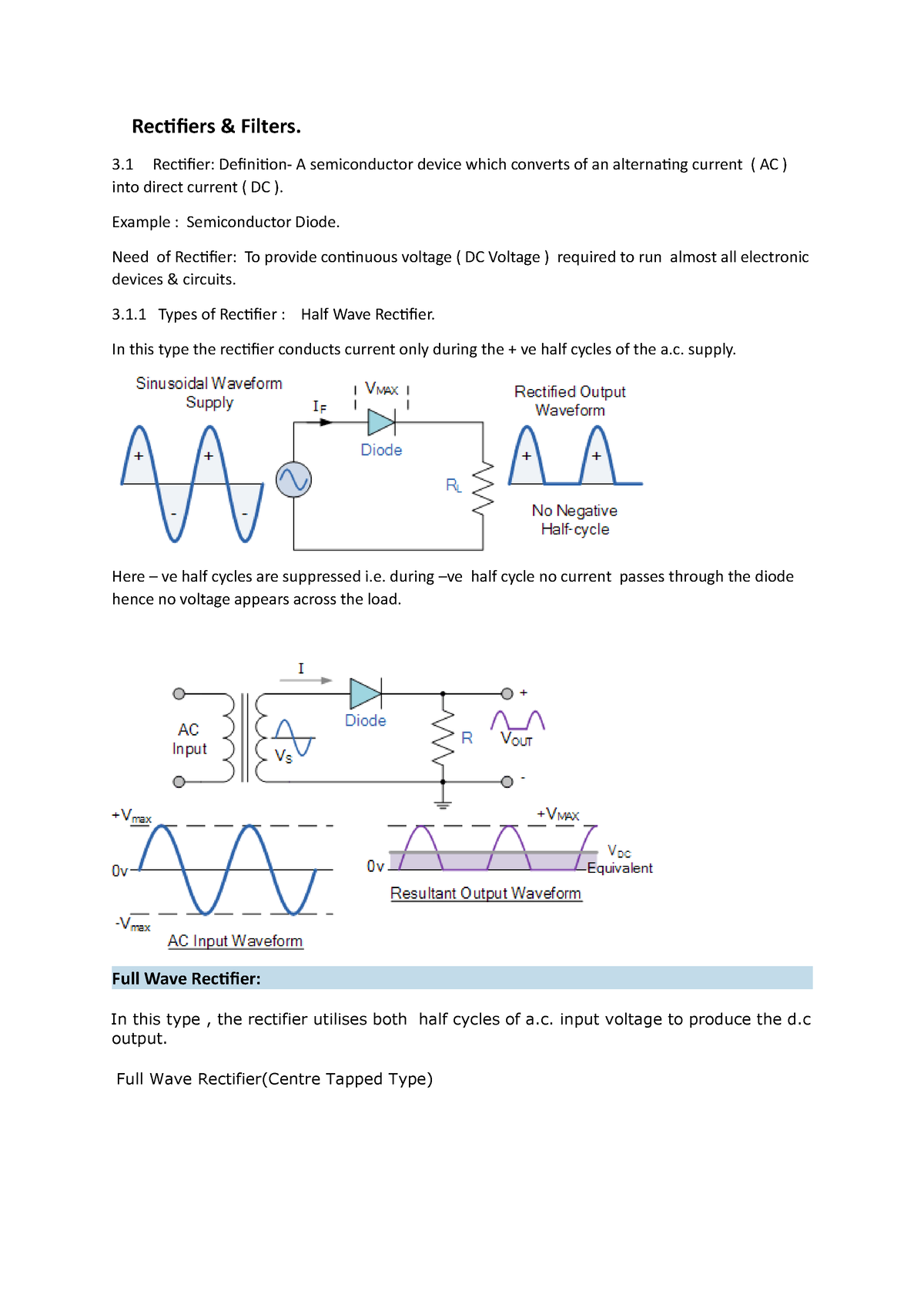 Rectifiers 3 Rectifier Definition A semiconductor device which converts of an alternating