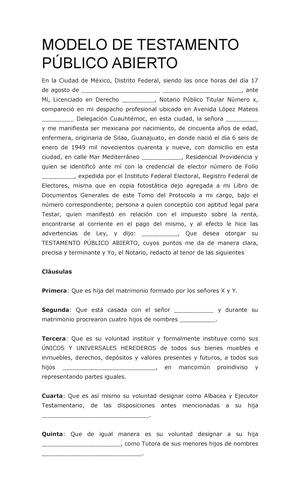 Testamento Público Abierto - MODELO DE TESTAMENTO PÚBLICO ABIERTO En la  Ciudad de México, Distrito - Studocu