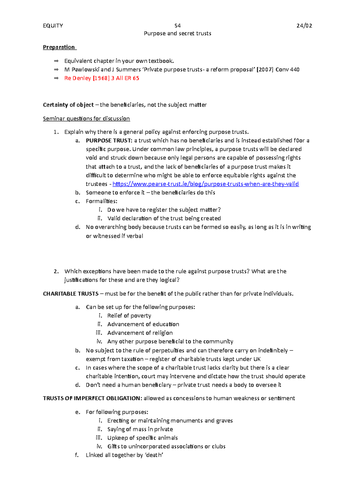 Equity S4 - Lecture notes 4 - EQUITY S4 24/ Purpose and secret trusts ...