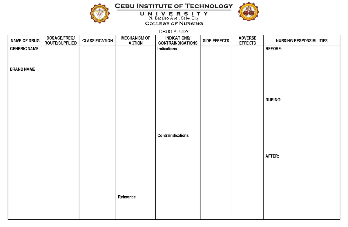 Drug Study Template - Medical Techology - N. Bacalso Ave., Cebu City ...