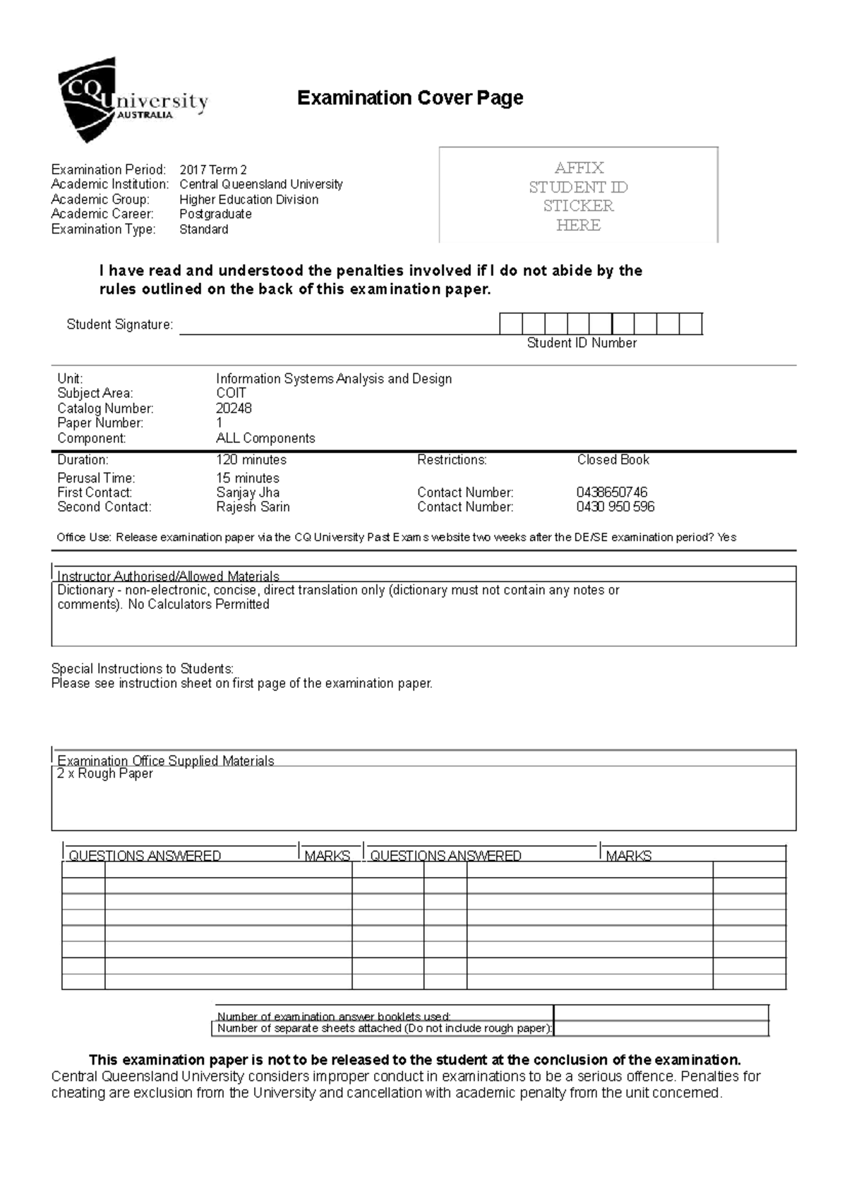 Exam 7 January 2017, questions - Examination Cover Page Examination ...