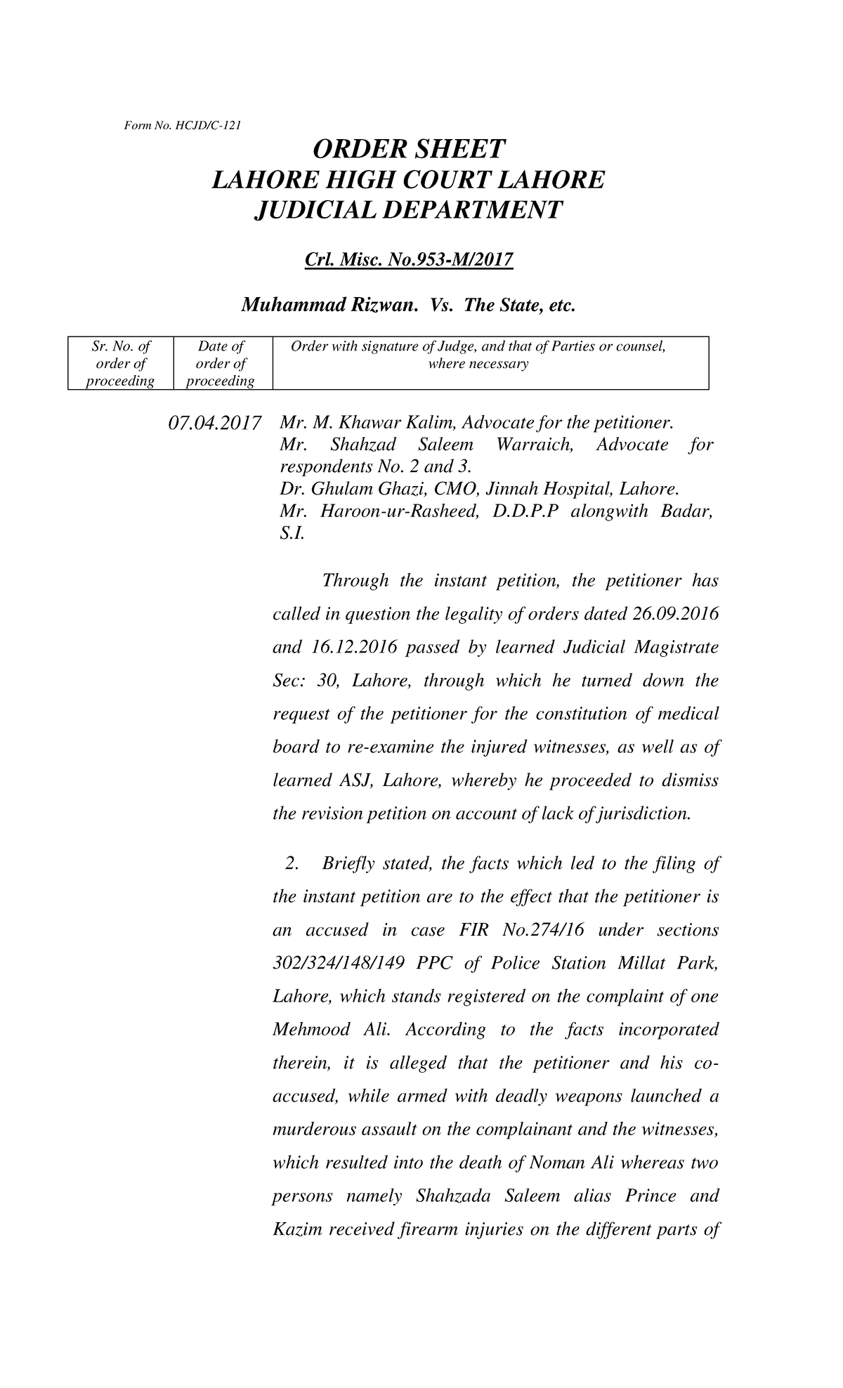 2017 LHC1564 - High Court Ruling - Form No. HCJD/C- ORDER SHEET LAHORE ...