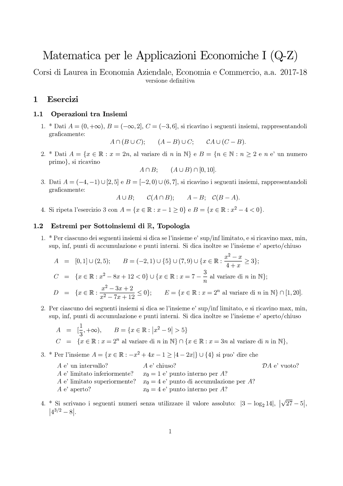 Esercizi Matematica Universitá Di Firenze - Matematica Per Le ...