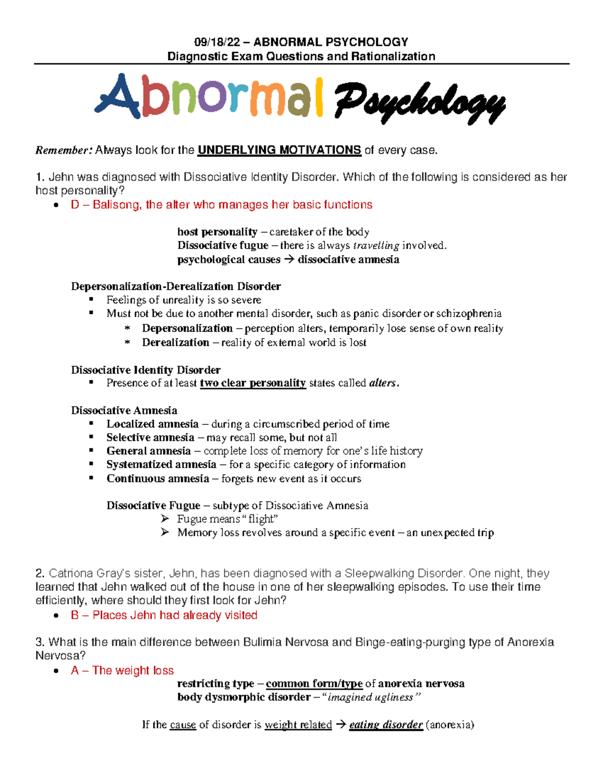 Abnormal Psychology Diagnostic Exam Questions and Rationalization1