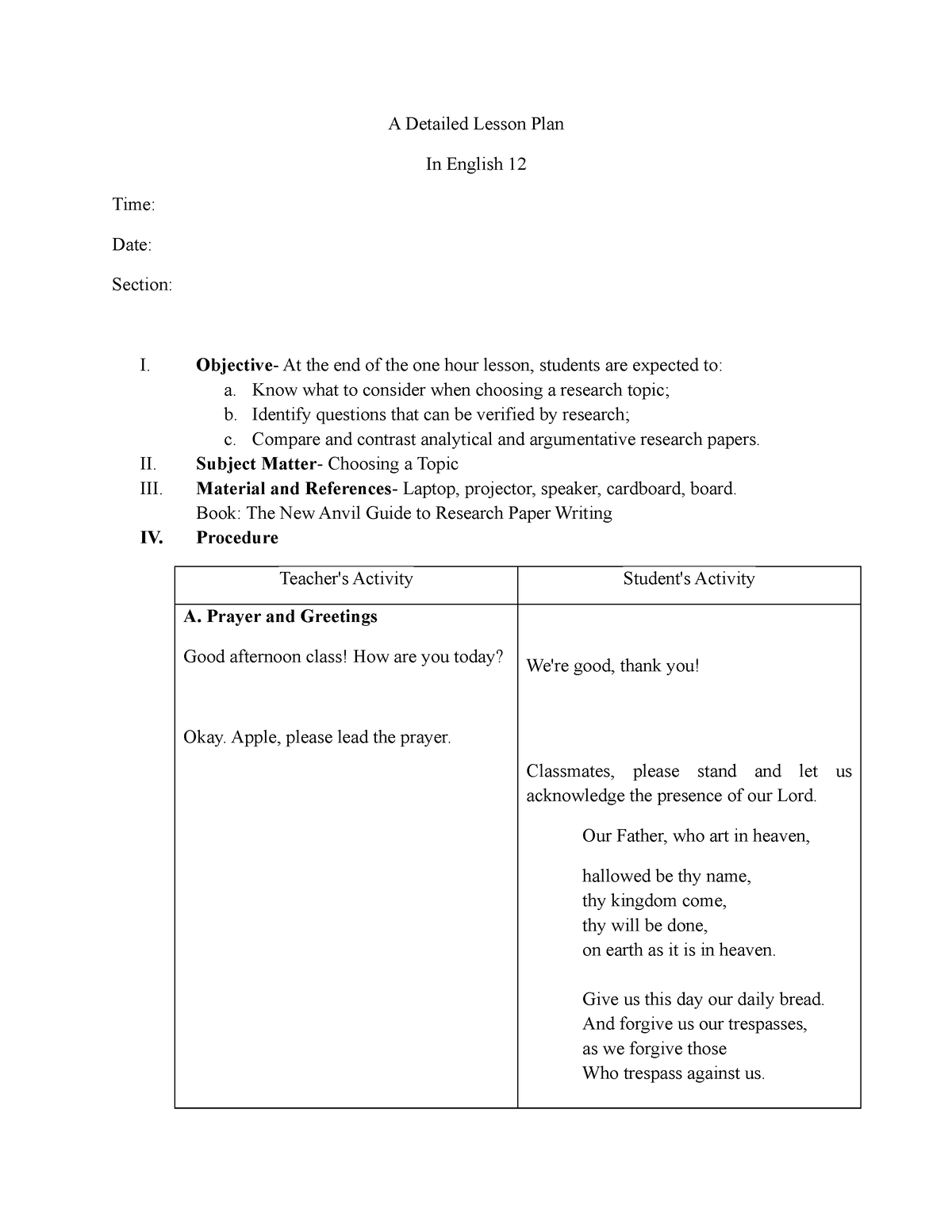 Lesson plan 2 - A Detailed Lesson Plan In English 12 Time: Date ...