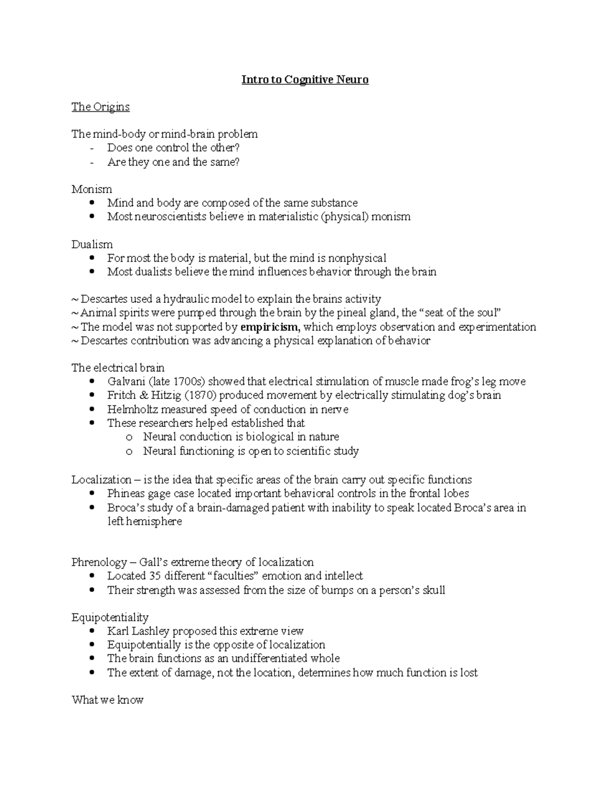 Cognitive Neuro Lecture Notes - Intro to Cognitive Neuro The Origins ...