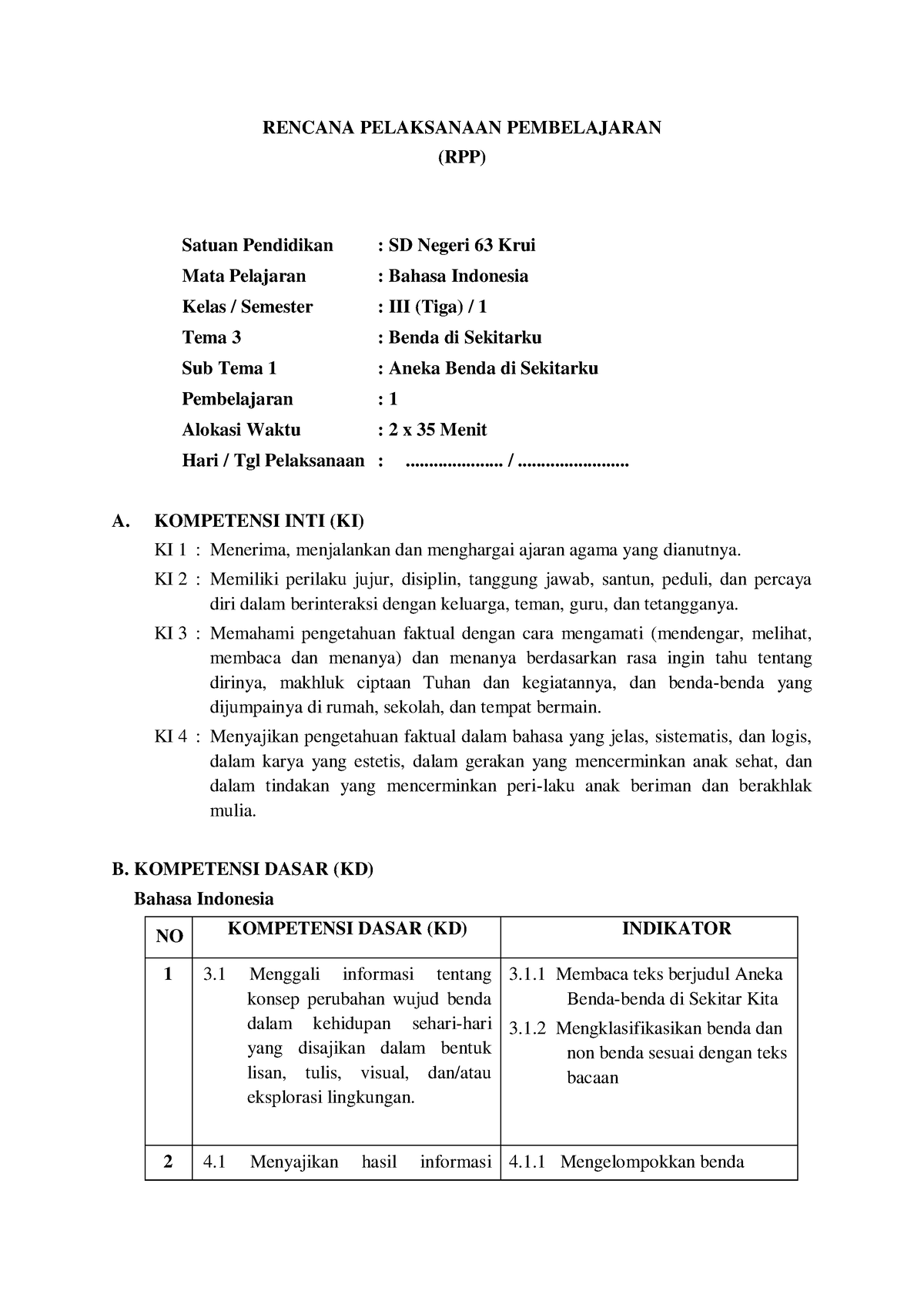 Kelas 3 Semester 1 Bahasa Indonesia - RENCANA PELAKSANAAN PEMBELAJARAN ...