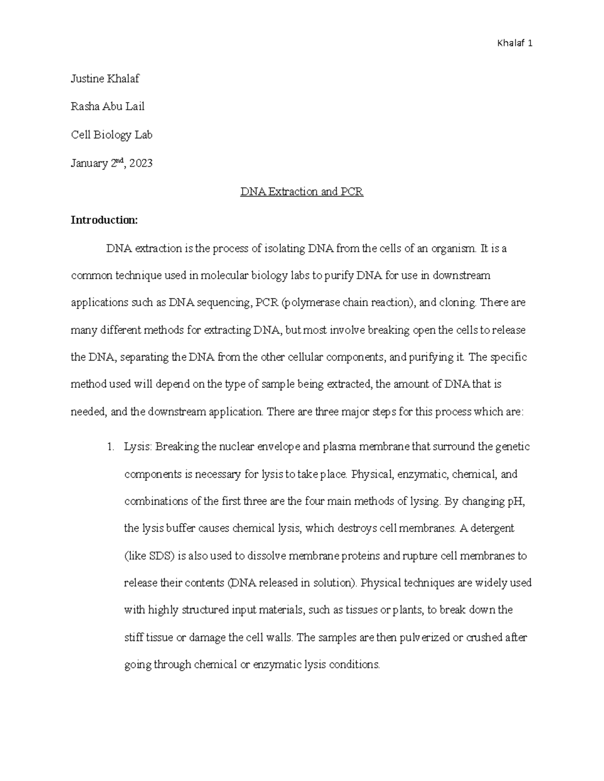 DNA Extraction and PCR Lab Report - Justine Khalaf Rasha Abu Lail Cell ...