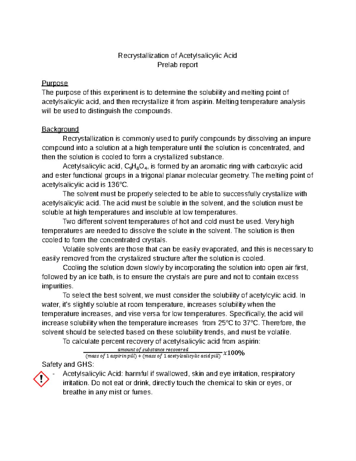 Recrystaillization Lab Recrystallization of Acetylsalicylic Acid