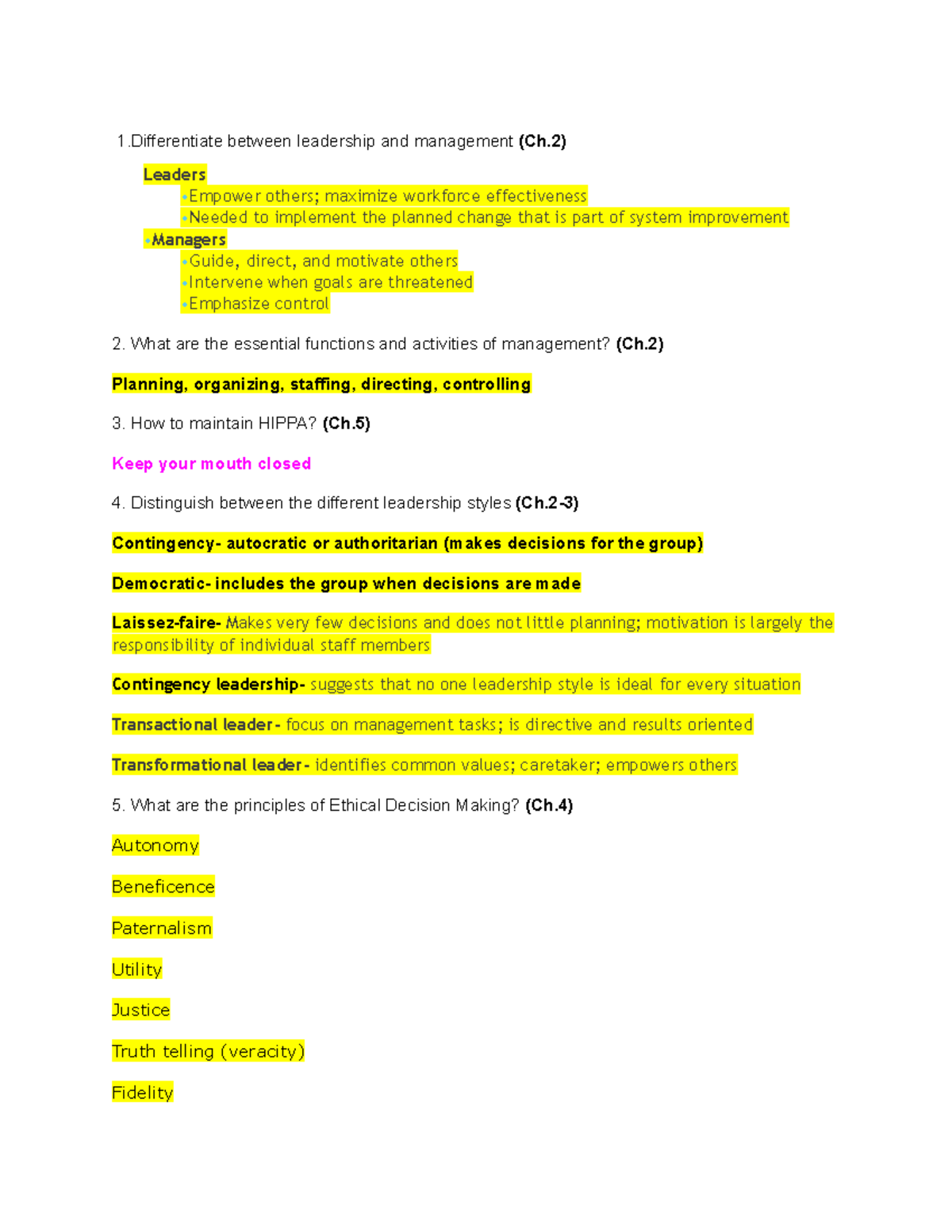 Leadership midterm - STUDY GUIDE - 1 between leadership and management ...