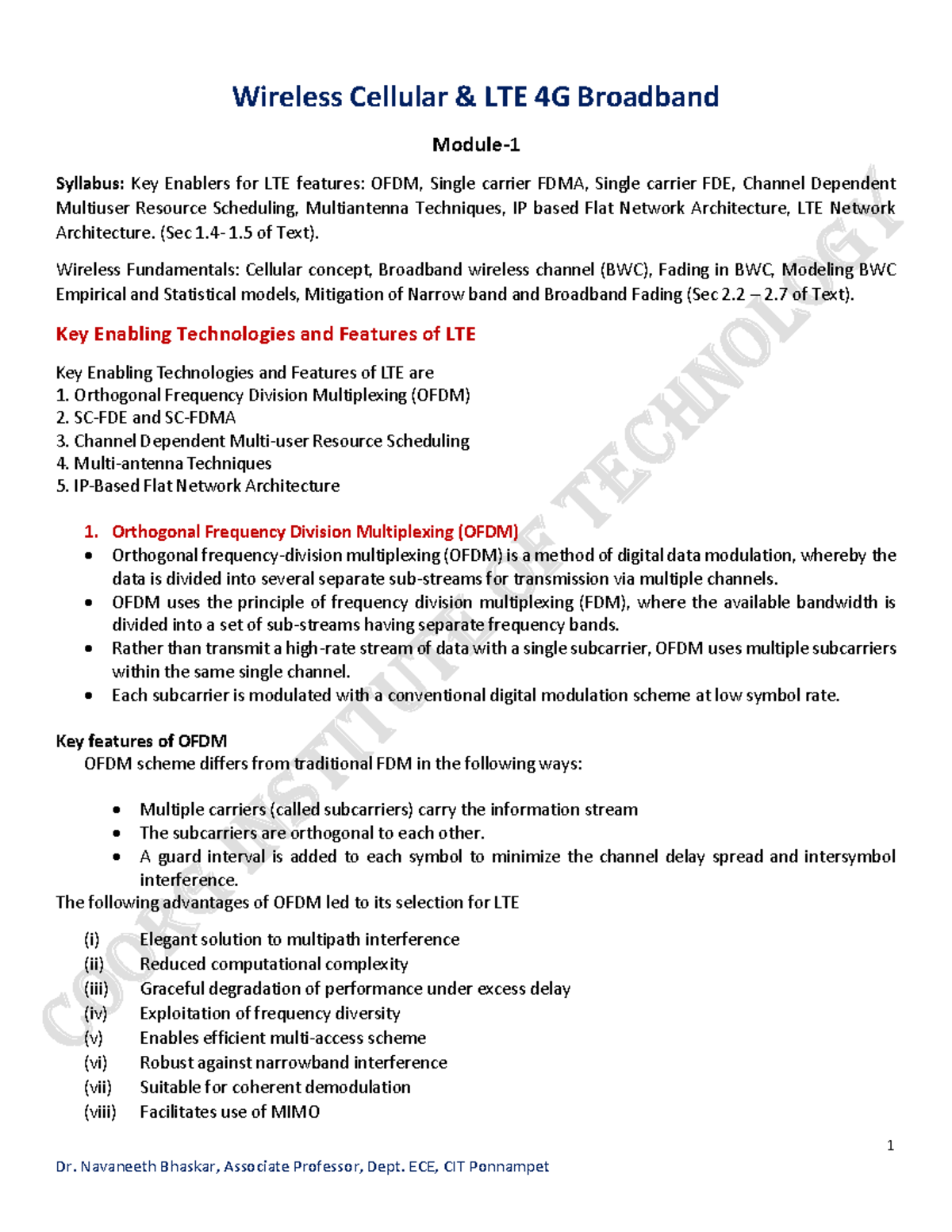 WC Unit 1 - Lecture notes 1 - 1 Wireless Cellular & LTE 4G Broadband ...