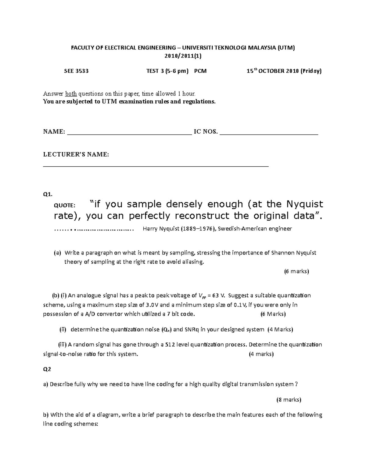 Test III Semester I Session 1011_Communication Principles (Questions ...