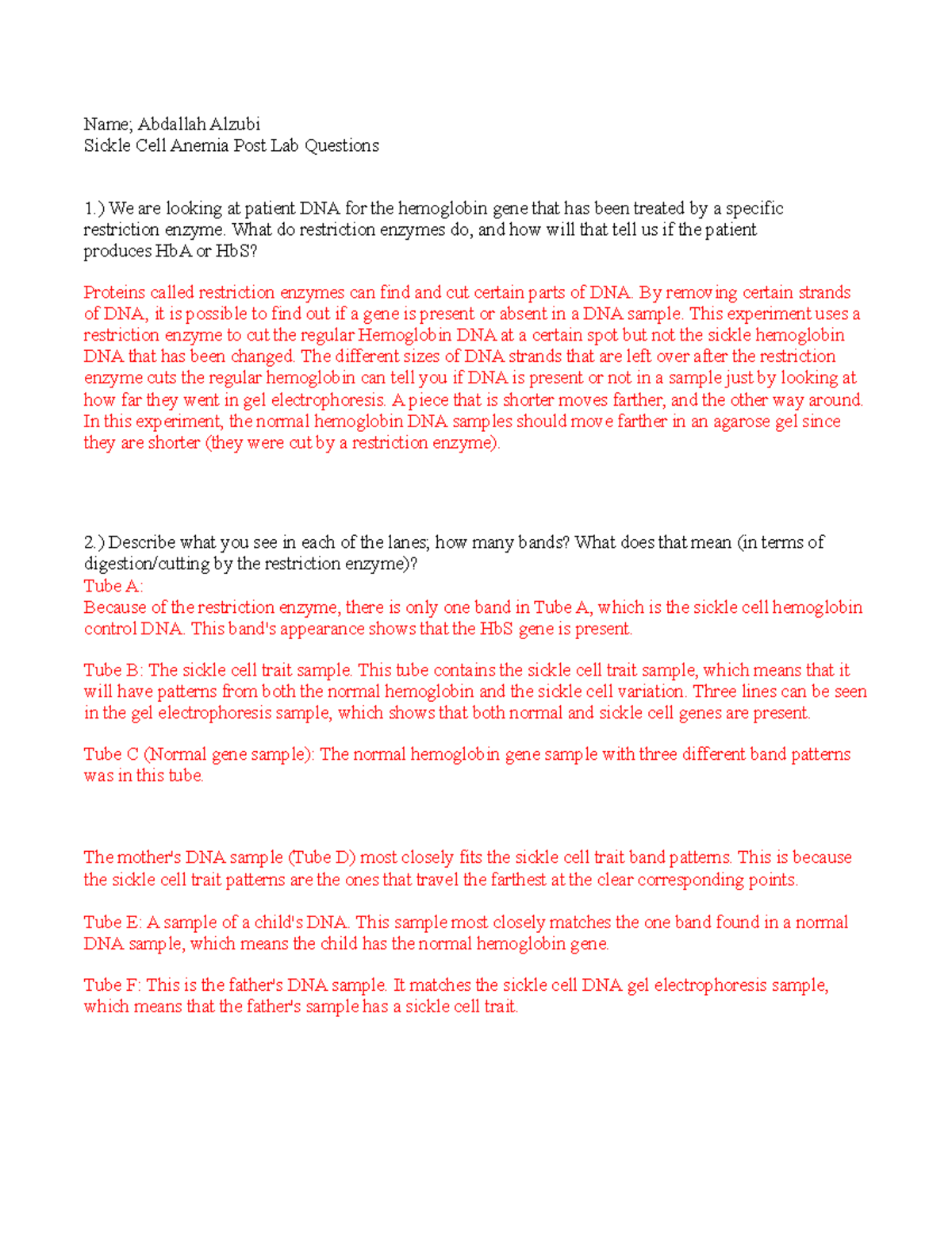 Sickle Cell Anemia Post-lab Questions 20220715 (1) - Name; Abdallah ...