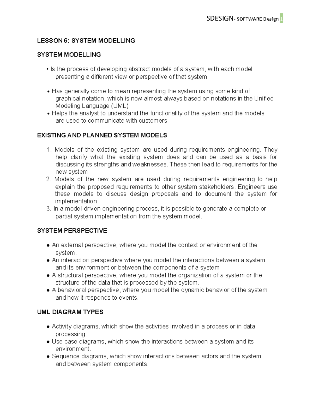 Lesson 6 System Modelling - SDESIGN- SOFTWARE Design 1 LESSON 6: SYSTEM ...