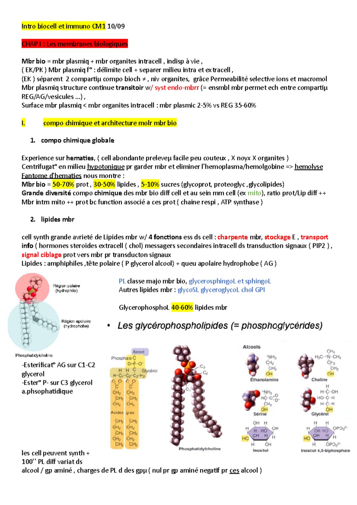 Intro biocell chapitre 1 - Intro biocell et immuno CM1 10/ CHAP I : Les ...