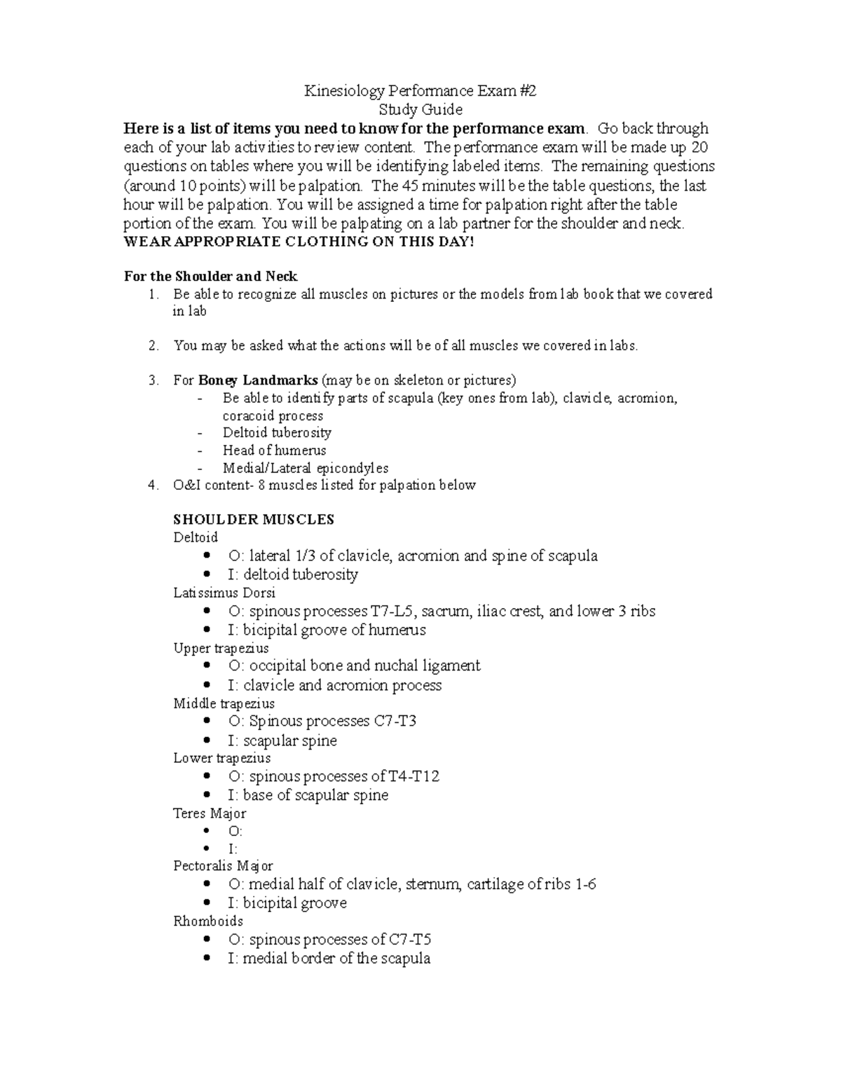 Lab exam two study guide Kinesiology Performance Exam Study Guide