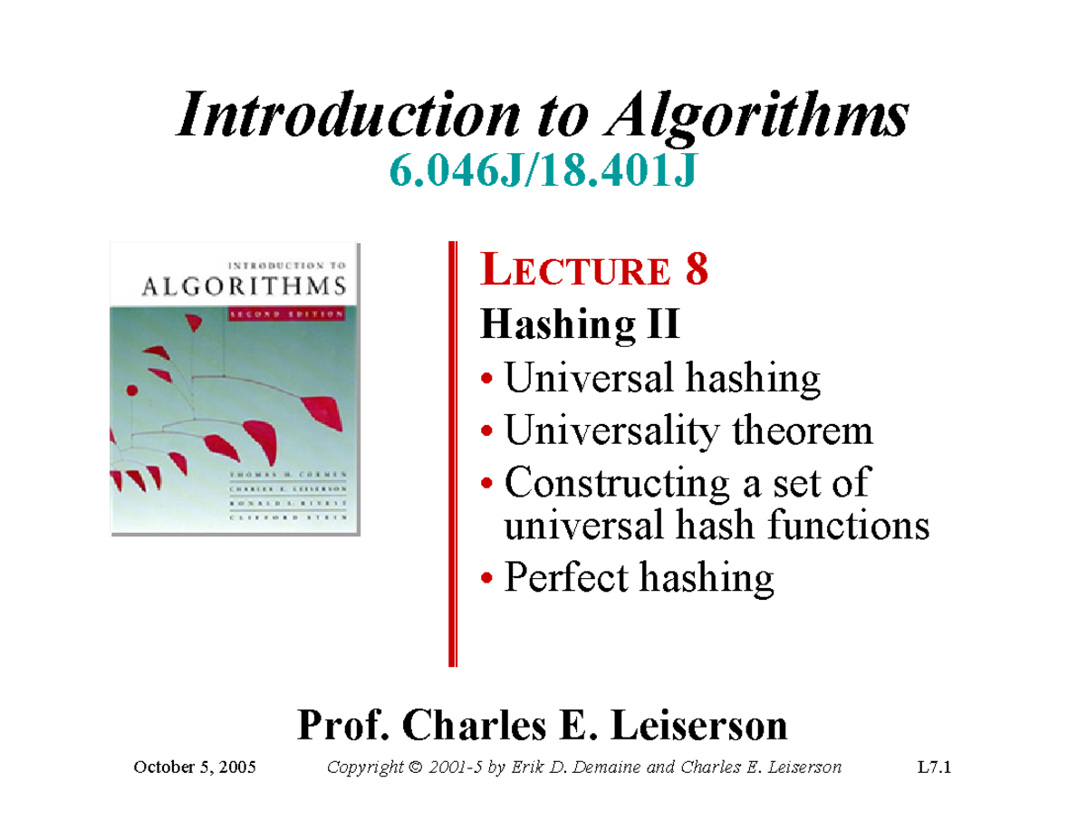 Lec8 - Perfect Hashing - Introduction To Algorithms LECTURE 8 Hashing ...