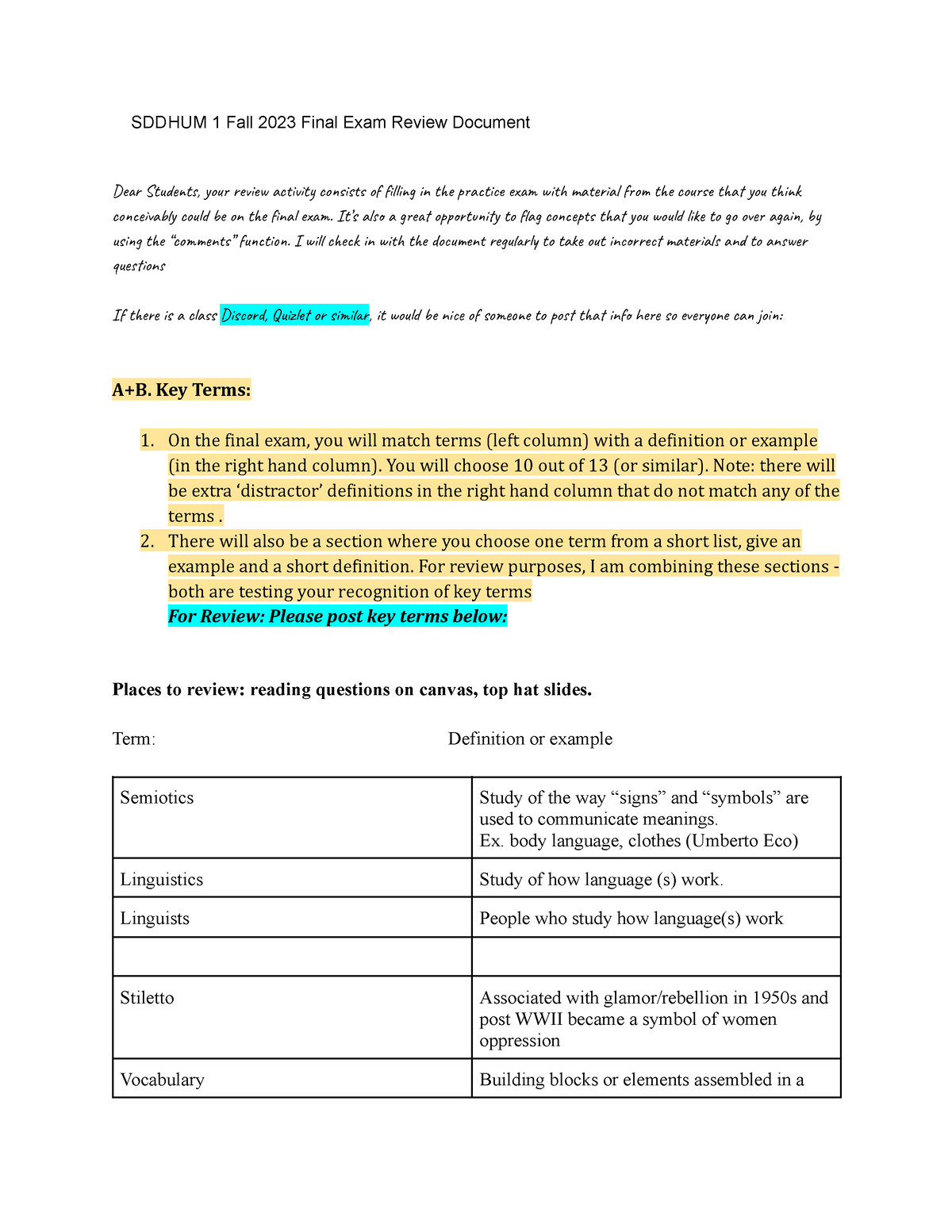 HUM 1 Fall 2023 Final Exam Review Document - SDDHUM 1 Fall 2023 Final ...