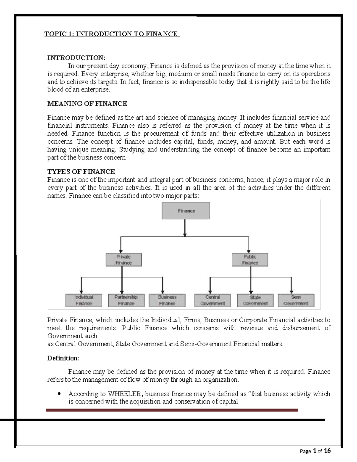 Introduction TO Finance Topic 1 BCOM 2 - TOPIC 1: INTRODUCTION TO ...