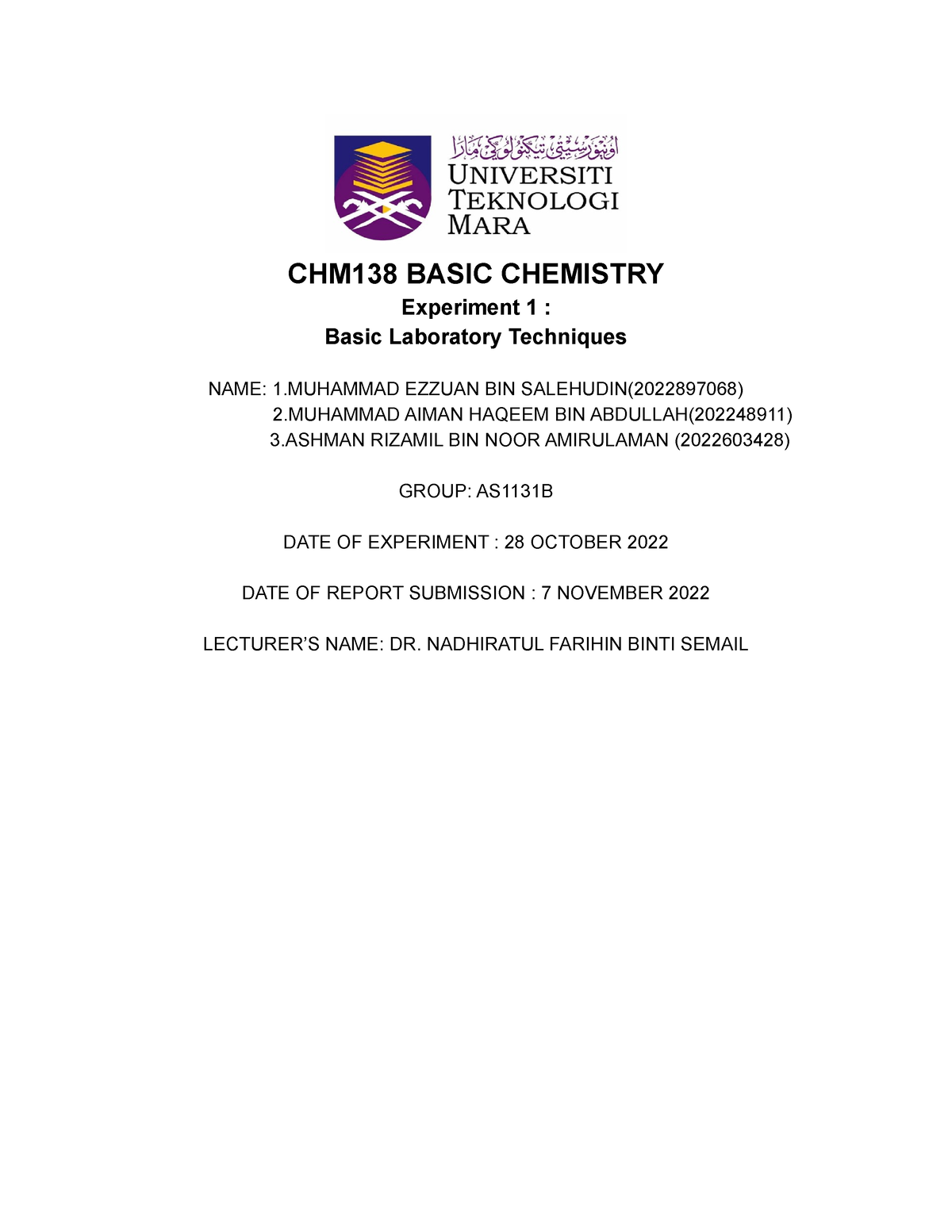 CHM 138 LAB Reposrt REDO - CHM138 BASIC CHEMISTRY Experiment 1 : Basic ...