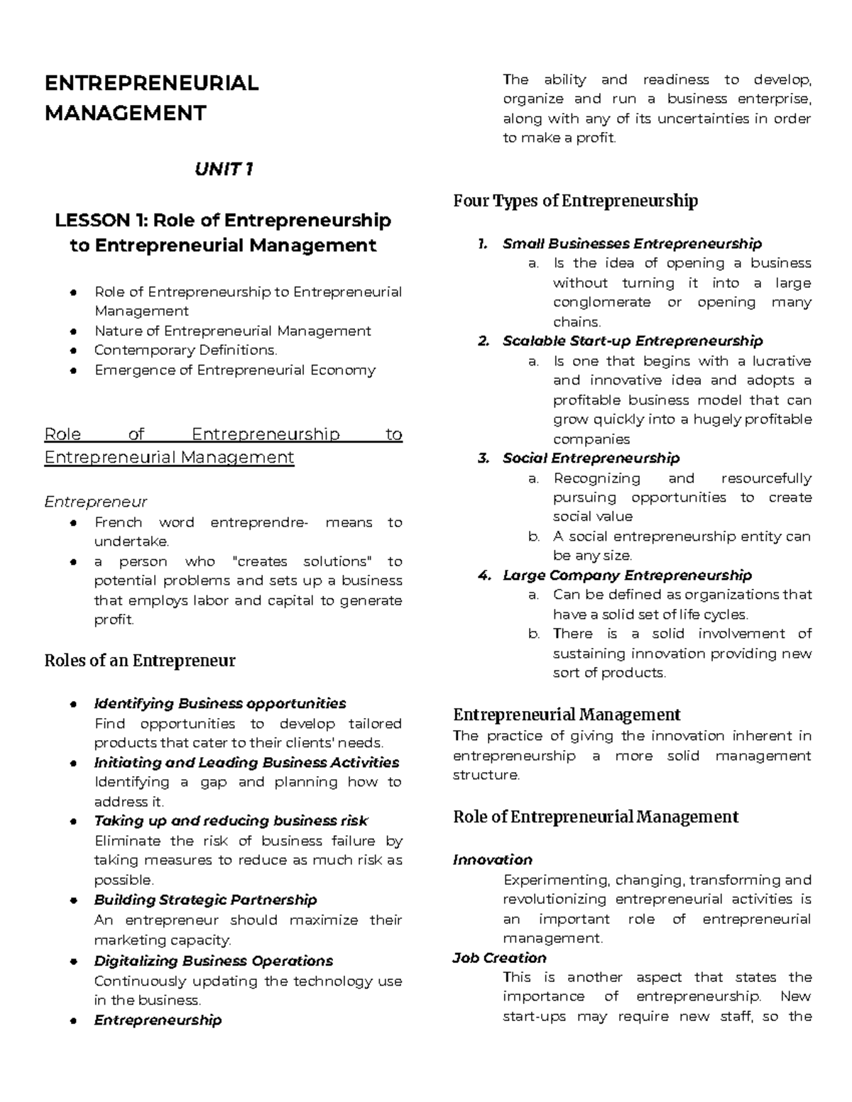 Entrep-MAN- Reviewer - ENTREPRENEURIAL MANAGEMENT UNIT 1 LESSON 1: Role ...