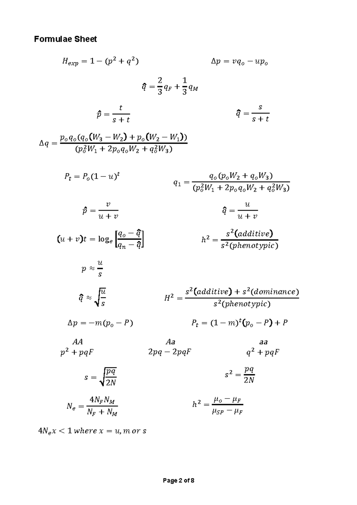 Formulae Sheet - Formulae Sheet 𝐻!