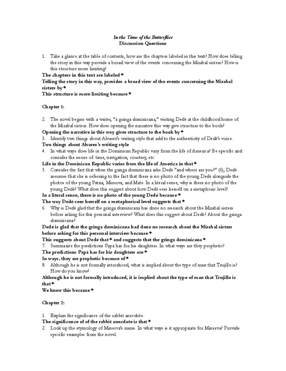 Butterflies 12 Reading Tasks In the Time of the Butterflies