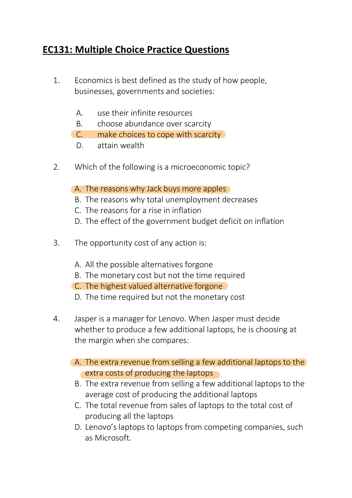 Multiple Choice Practice Questions - Economics Is Best Defined As The ...