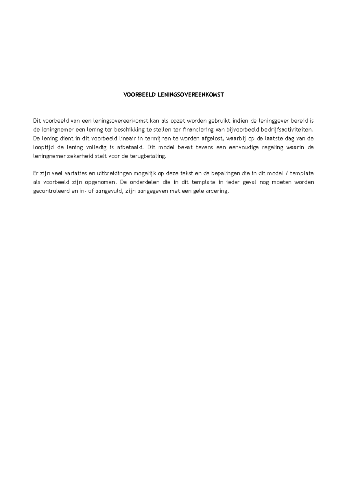 Template voorbeeld model leningsovereenkomst  VOORBEELD