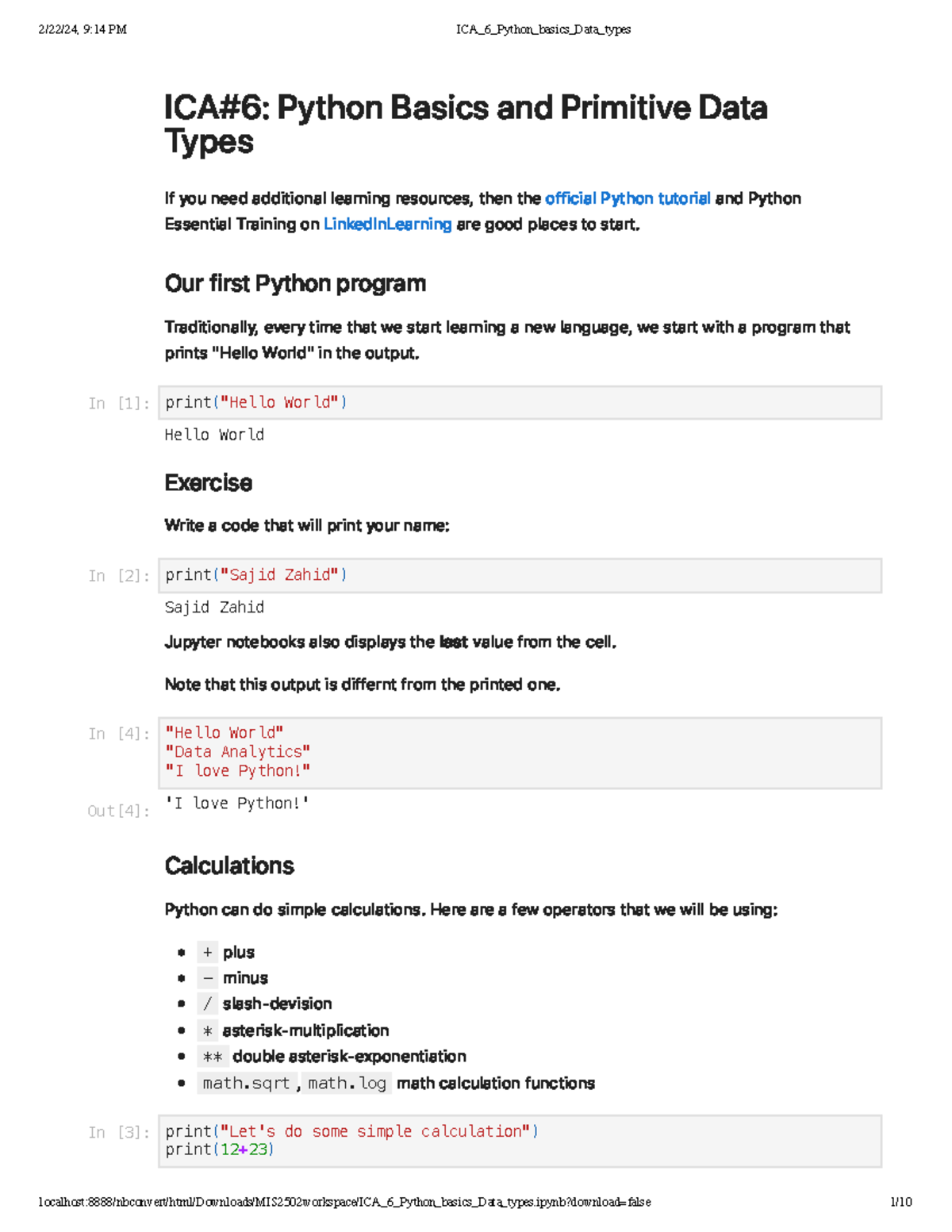ICA 6 Python basics Data types - ICA#6: Python Basics and Primitive ...