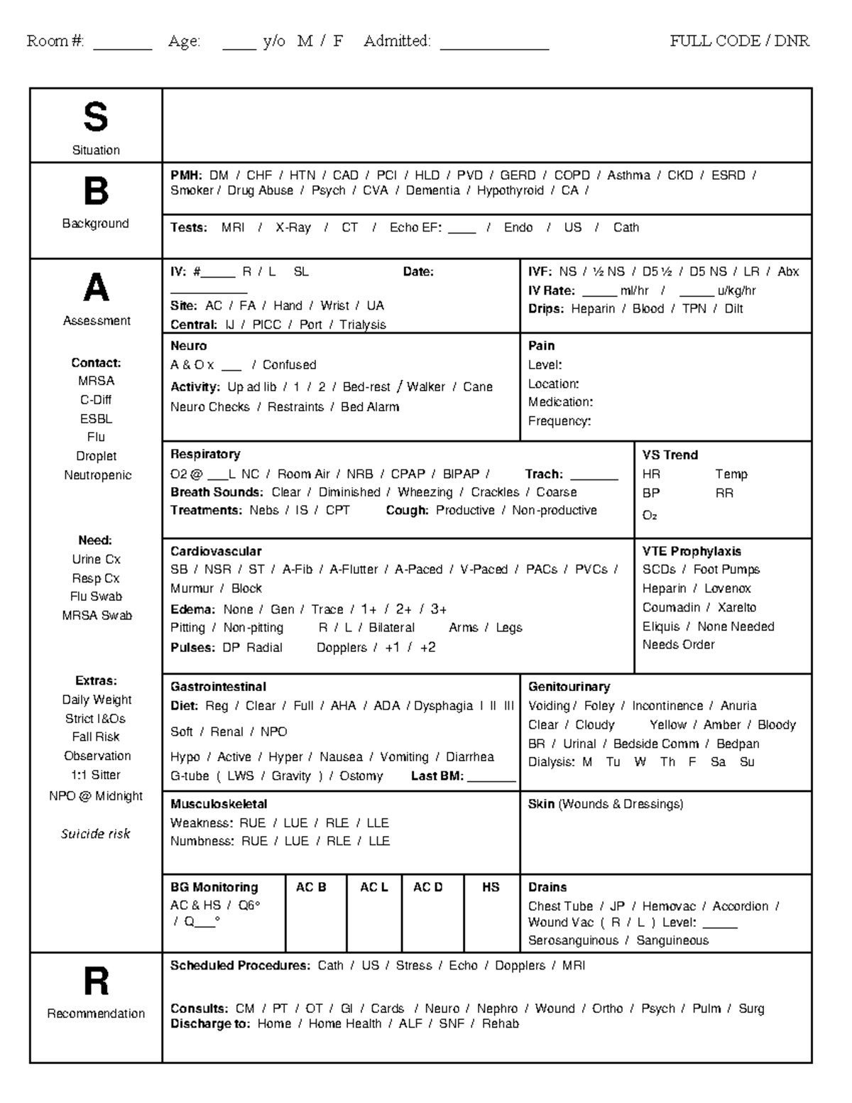 Student SBAR-Detailed Report Med-Surg - Room #: _______ Age: ____ y/o M ...