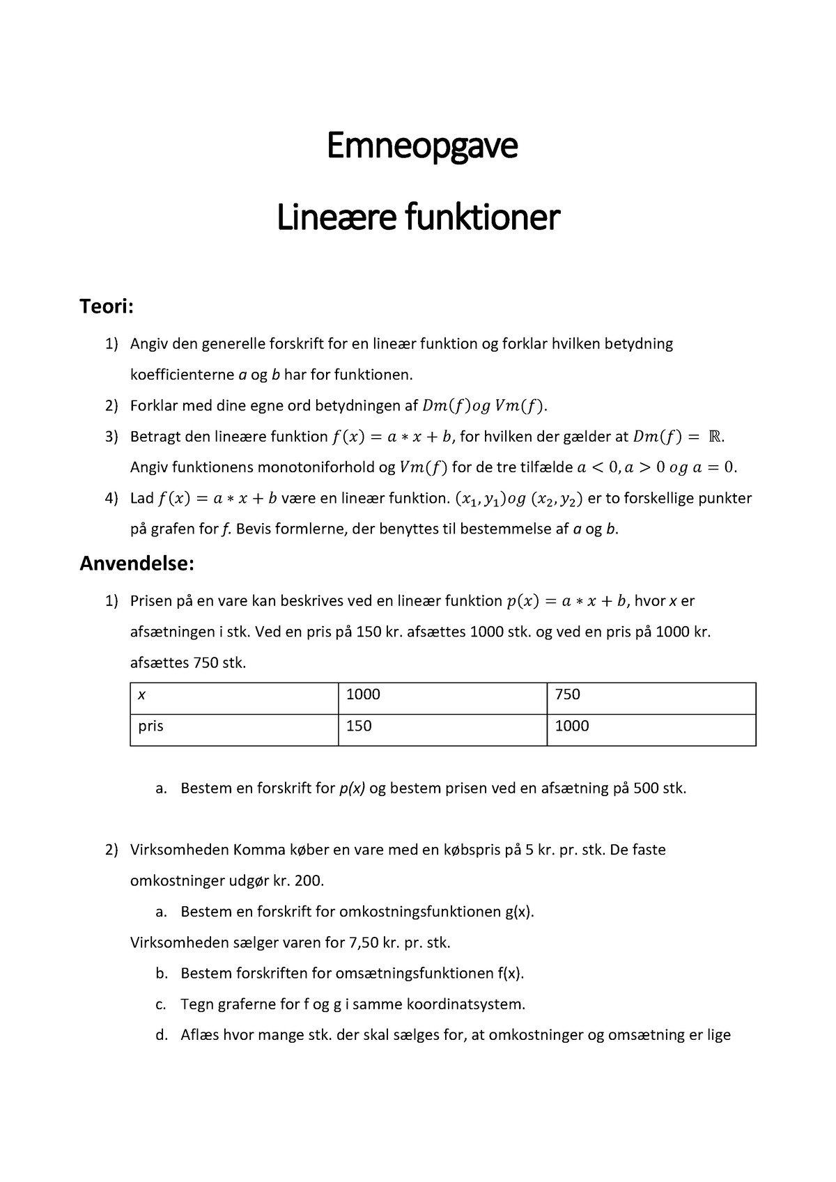 Emneopgave - Lineære Funktioner - Emneopgave Lineære Funktioner Teori ...