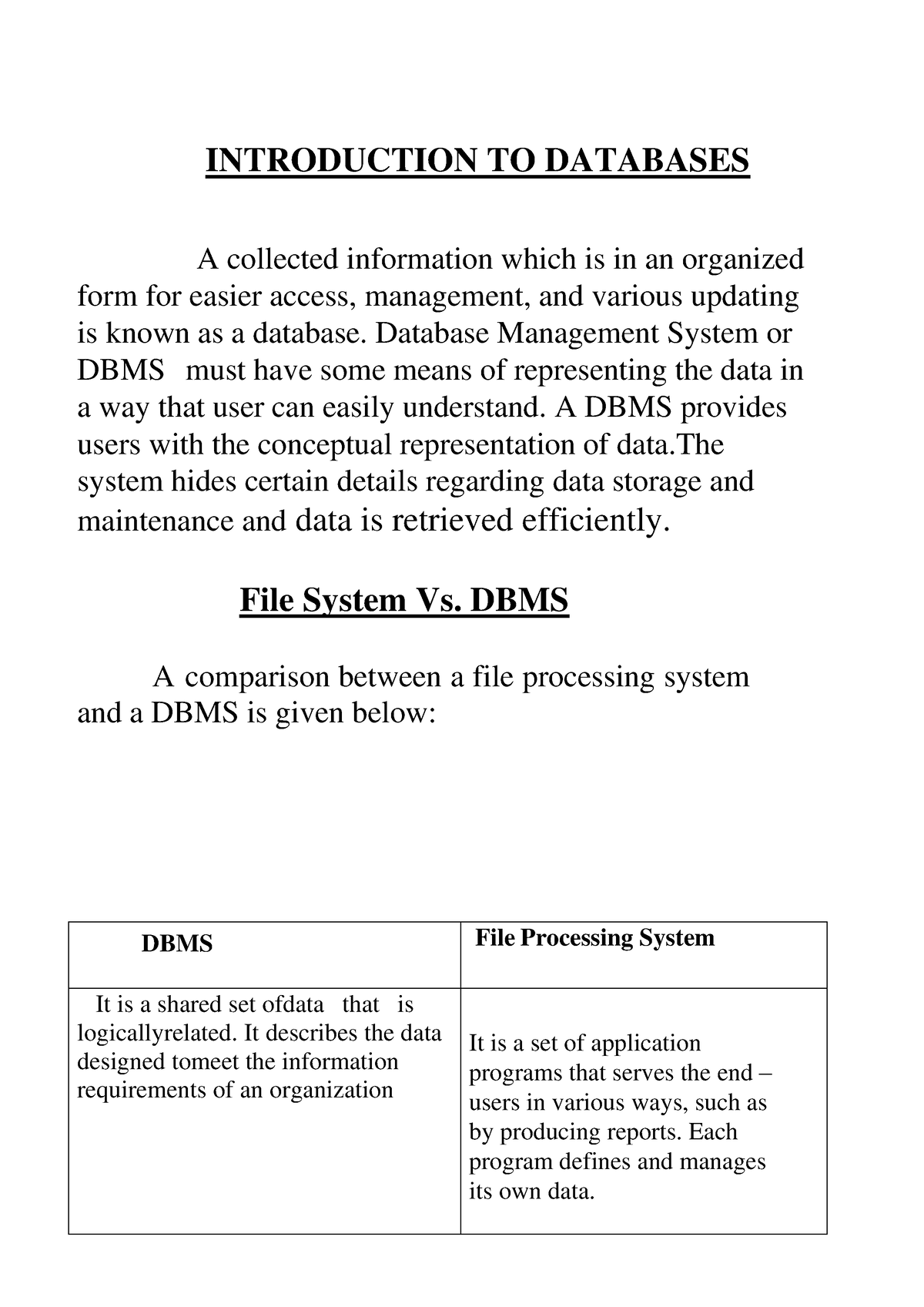 Dbms 1 - INTRODUCTION TO DATABASESINTRODUCTION TO DATABASES ...