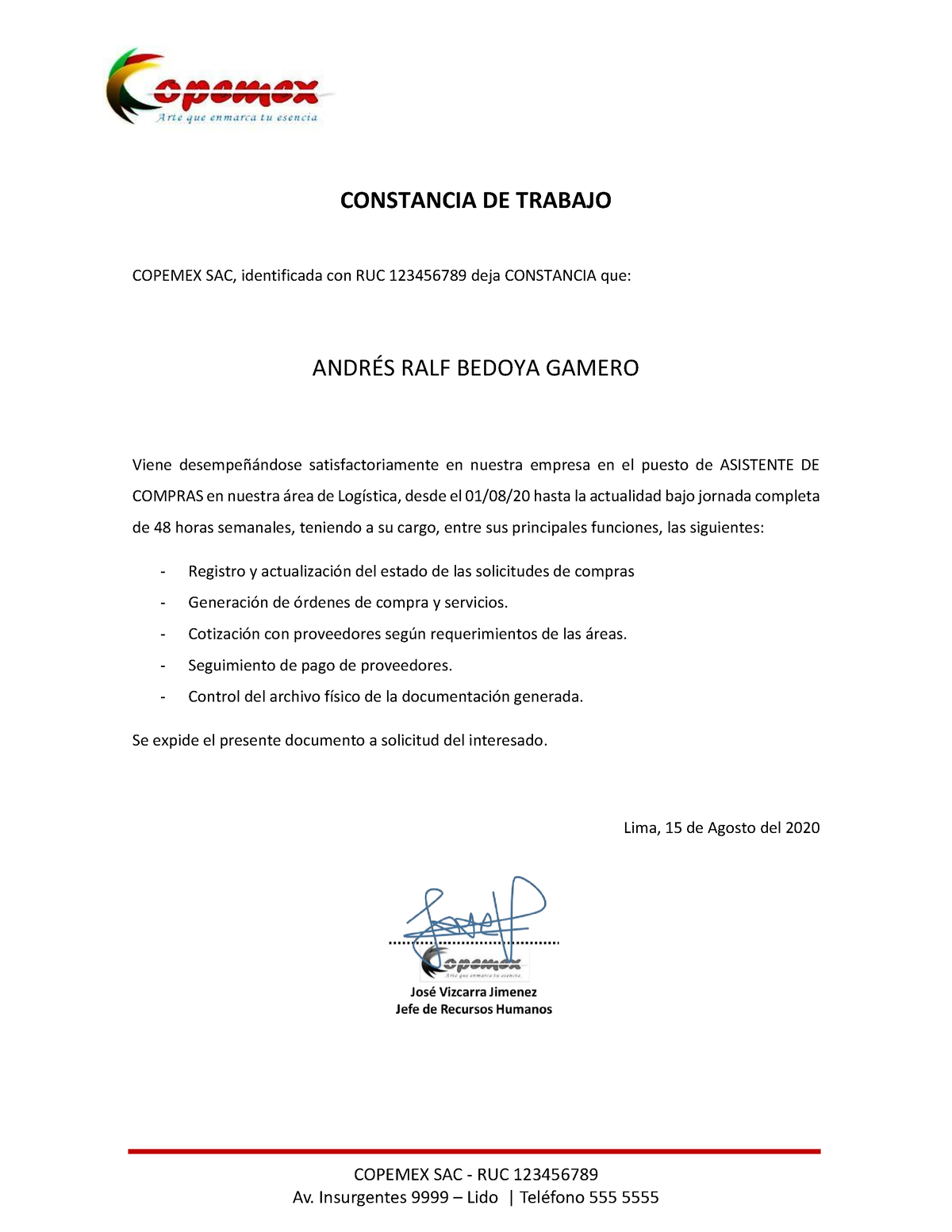 2 Modelo De Constancia De Trabajo Trabajando CONSTANCIA DE TRABAJO COPEMEX SAC