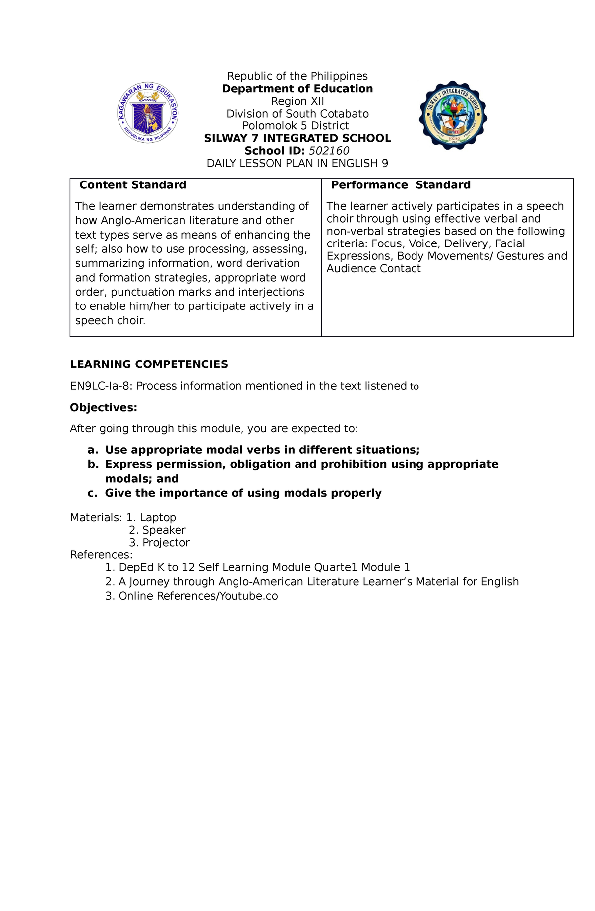 Dlp eng9 2 - English 9 Lesson Plan Sample - Republic of the Philippines ...