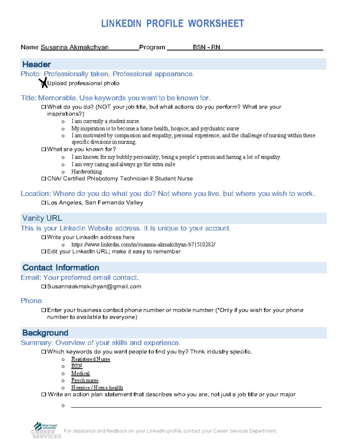 Linkedin Profile Worksheet - LINKEDIN PROFILE WORKSHEET o Vanity URL ...