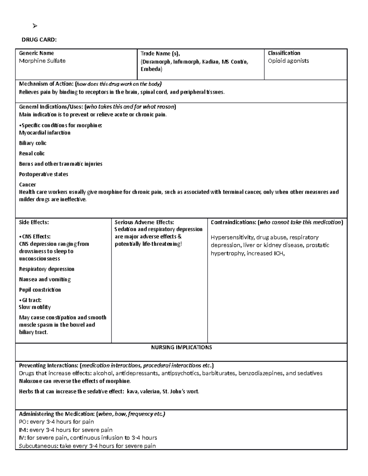 Adult II Drug Card Morphine - DRUG CARD: Generic Name Morphine Sulfate ...