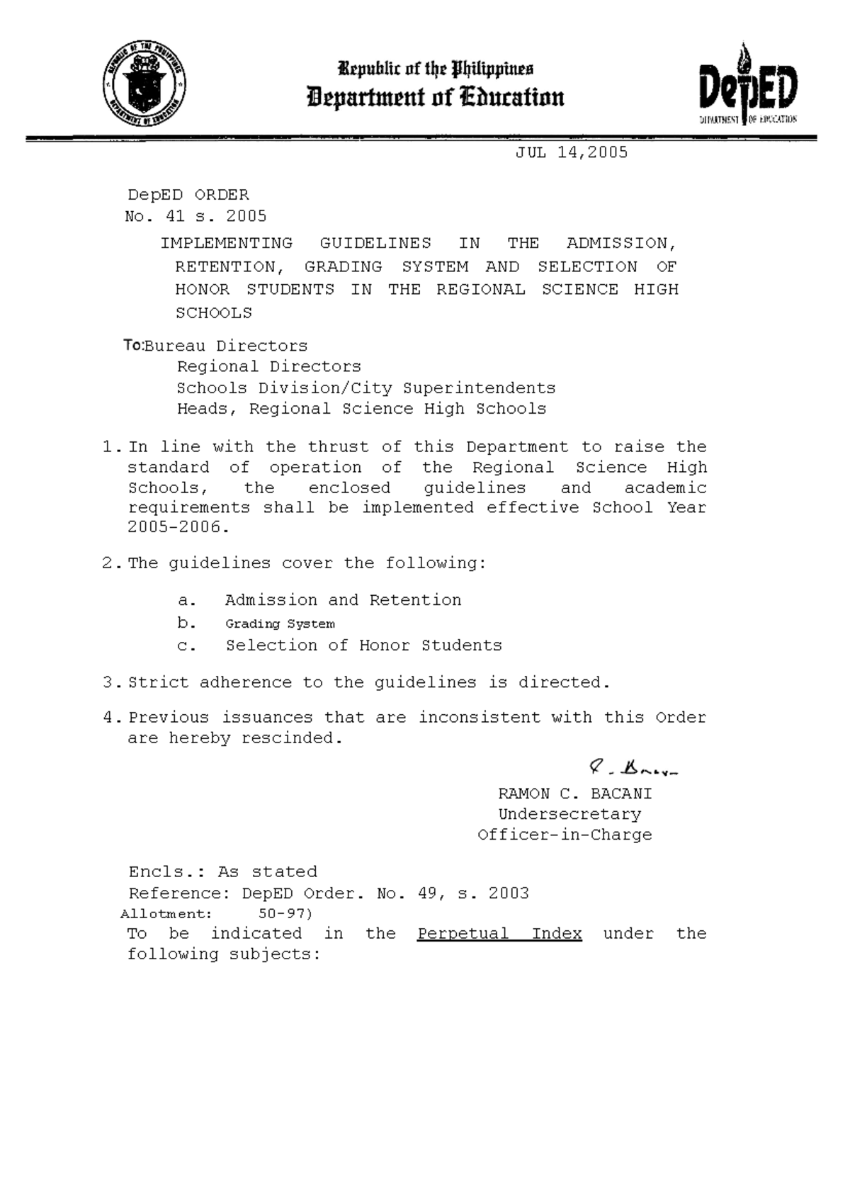DO s2005 041 - thank you - JUL 14, DepED ORDER No. 41 s. 2005 ...