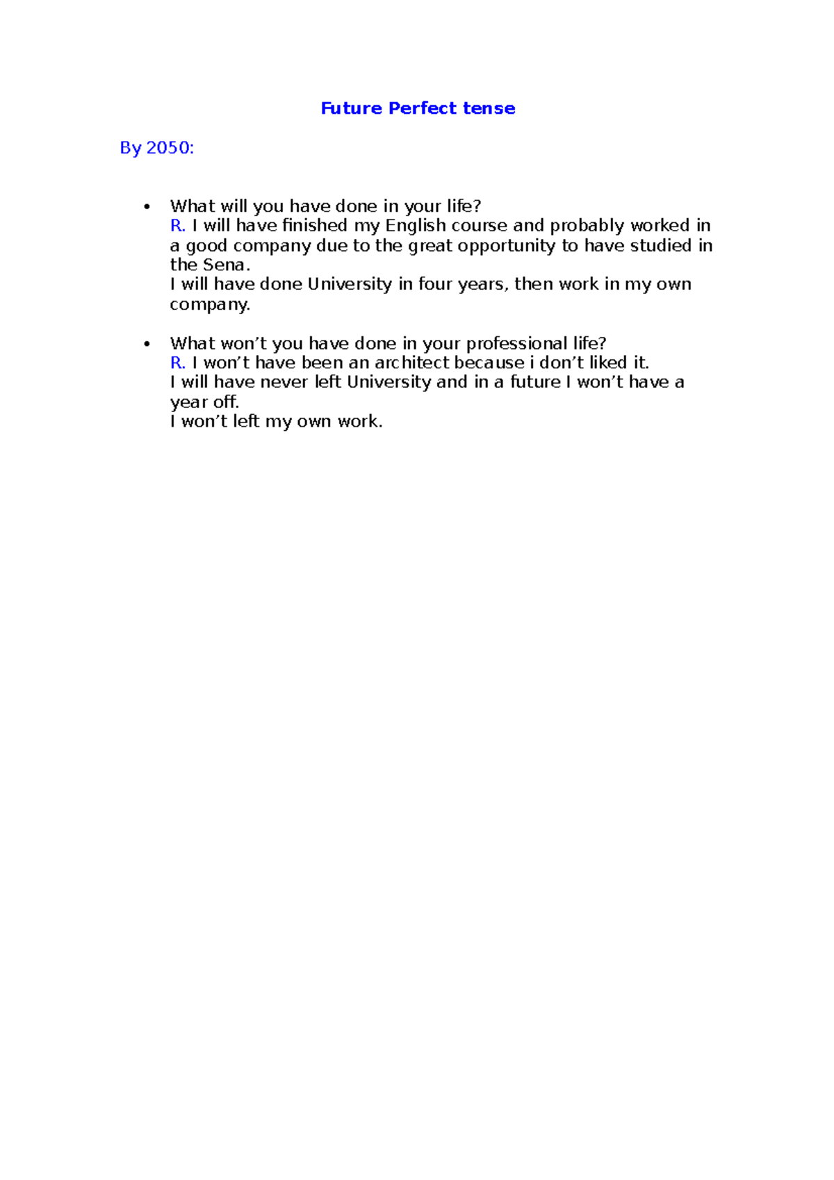 Future Perfect Homework - Future Perfect tense By 2050: What will you ...