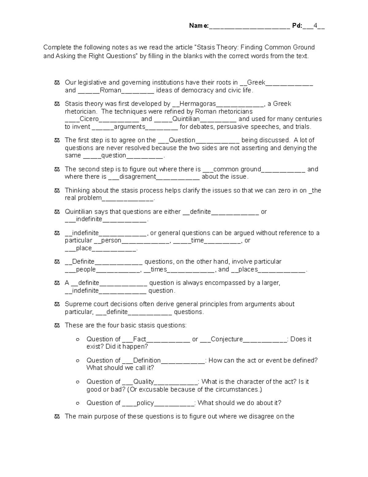 Stasis Theory Article Guided Notes - Name:                       Pd: 4 