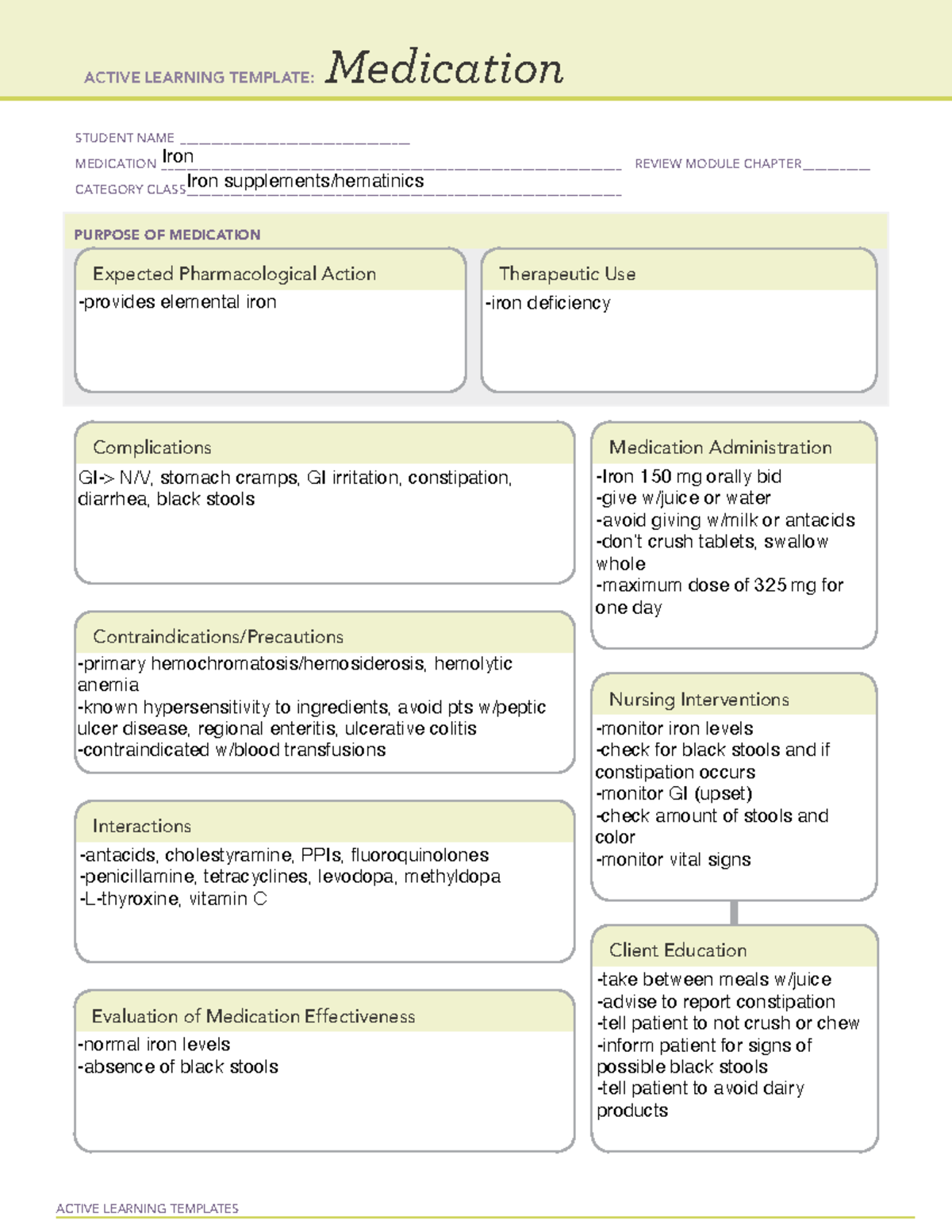 ATI Medication Form Iron - ACTIVE LEARNING TEMPLATES Medication STUDENT ...