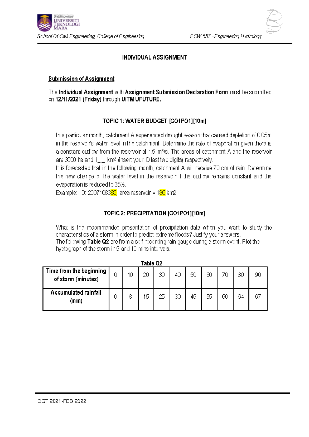 ECW557 Assignment OCT2021 - School Of Civil Engineering, College of ...